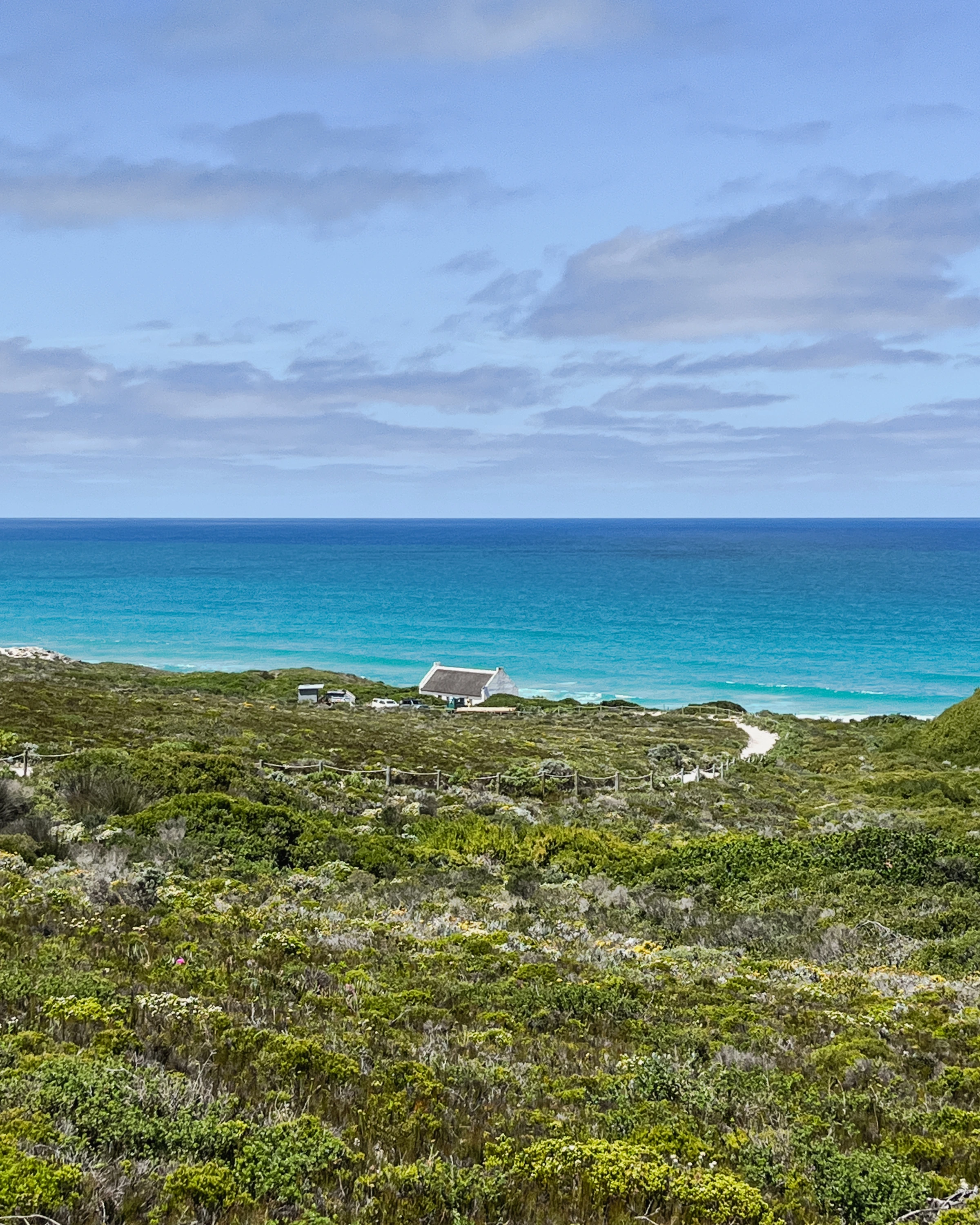 A pale curving path leads through coastal scrub toward a small white cottage, with the ocean beyond.