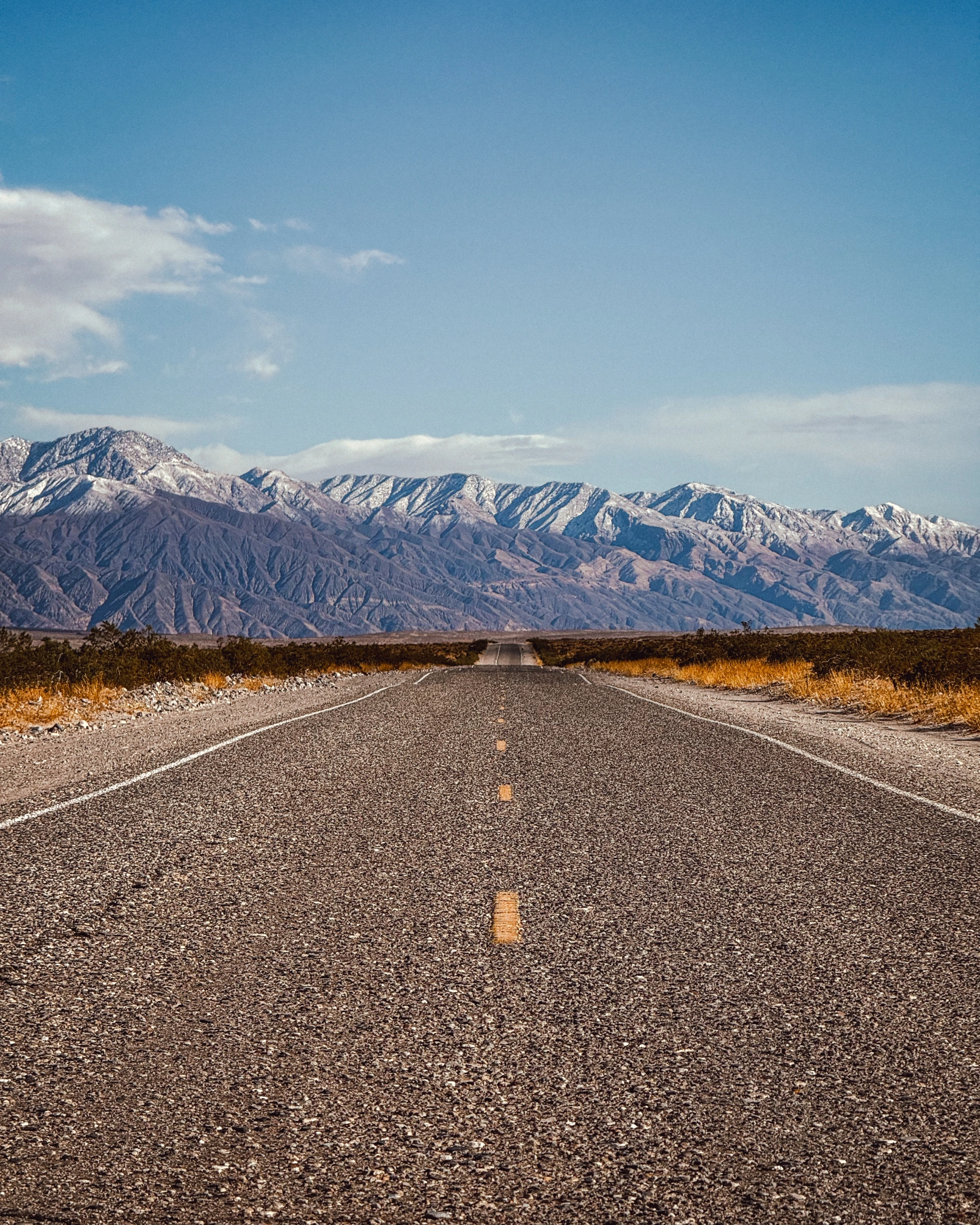 A low road view leads towards distant snow-edged mountains under a pale sky.