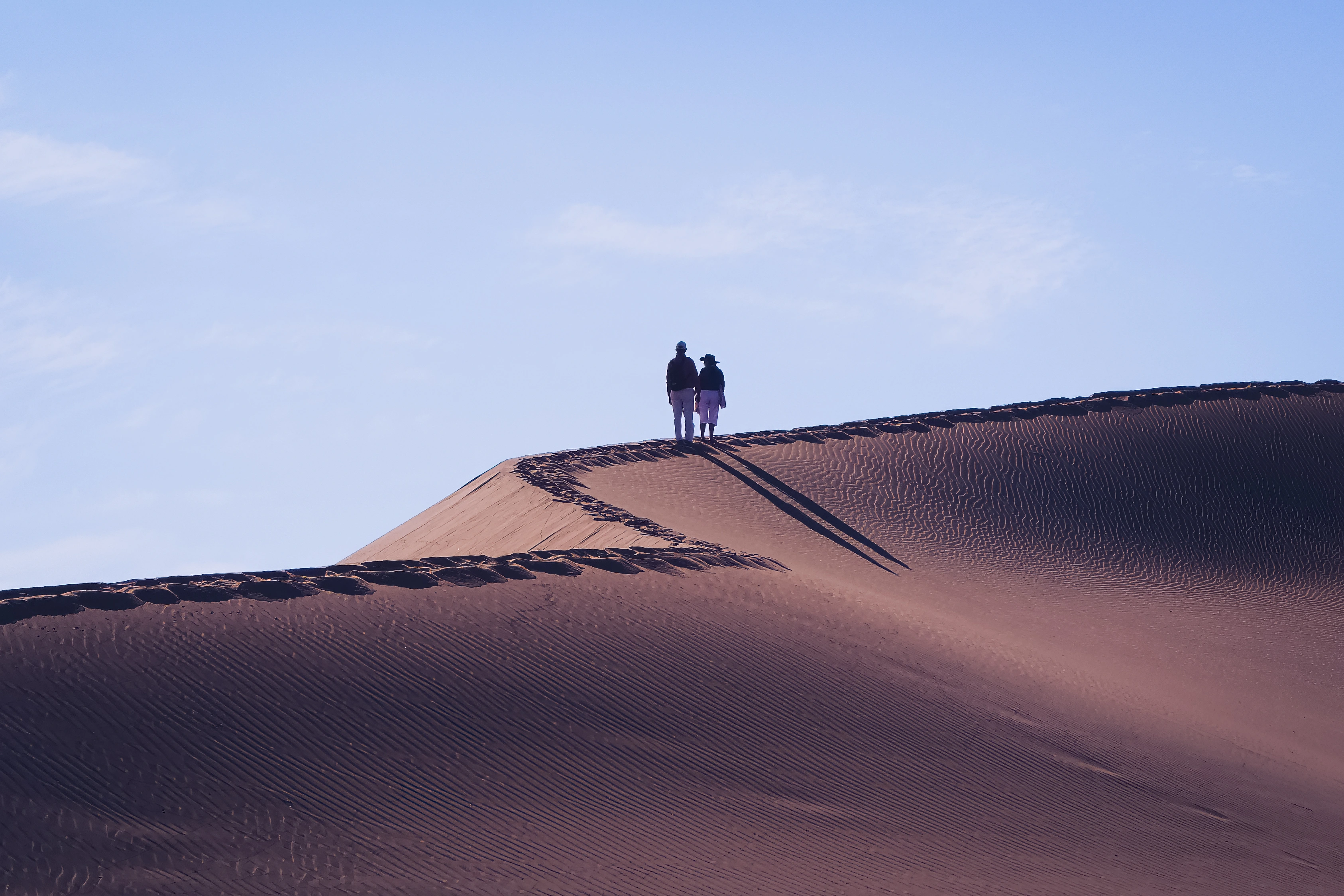 Two people stand on a dune crest with long shadows crossing the sand.