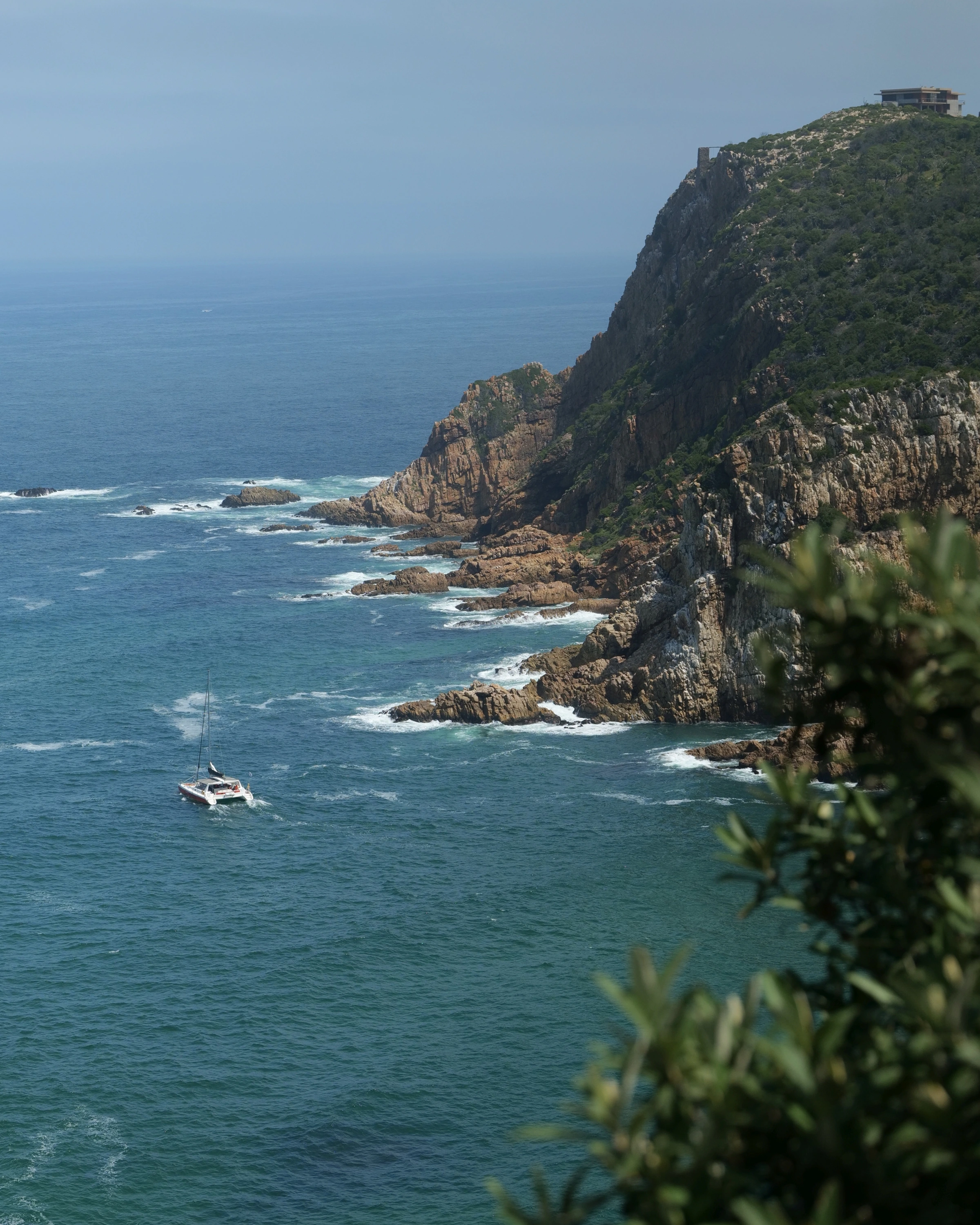 A small boat sits on blue water below a steep vegetated cliff, with a building high above and soft leaves at the lower edge.